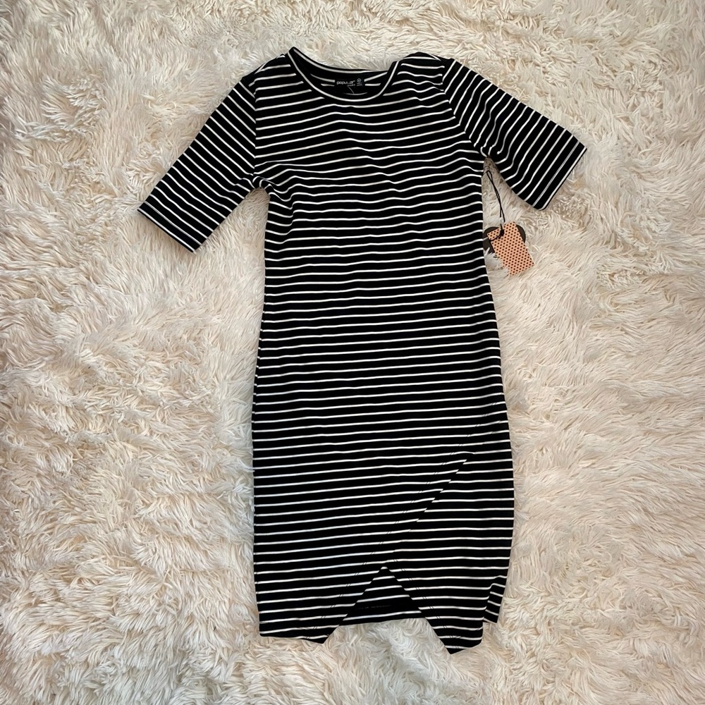 White and Black Assemetric Stripe Dress